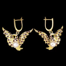 925 Sterling Silver Earrings Round Rhodolite Garnet Pearl Swan Gemstone Jewelry