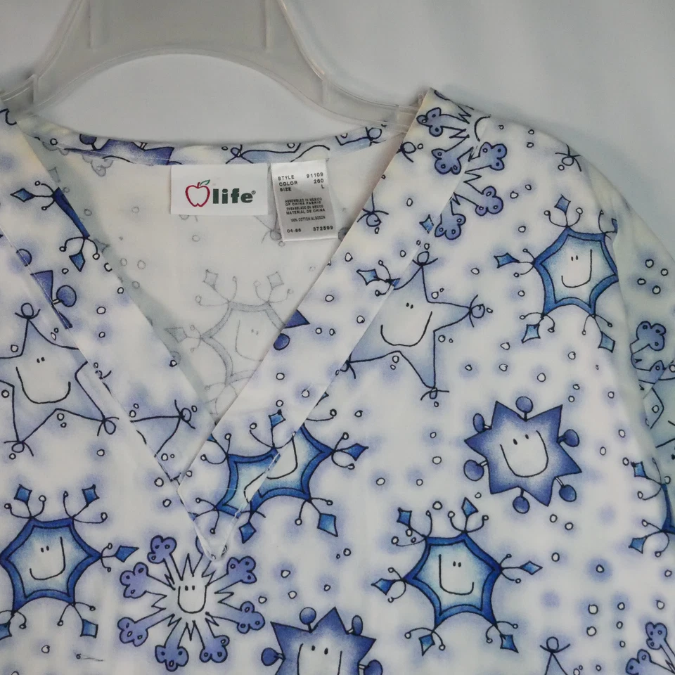 Blusa Médica Life Para Mujer Talla L Medical Smiley Copos de Nieve Blanca Pullover Bolsillos Foto 3 de 4