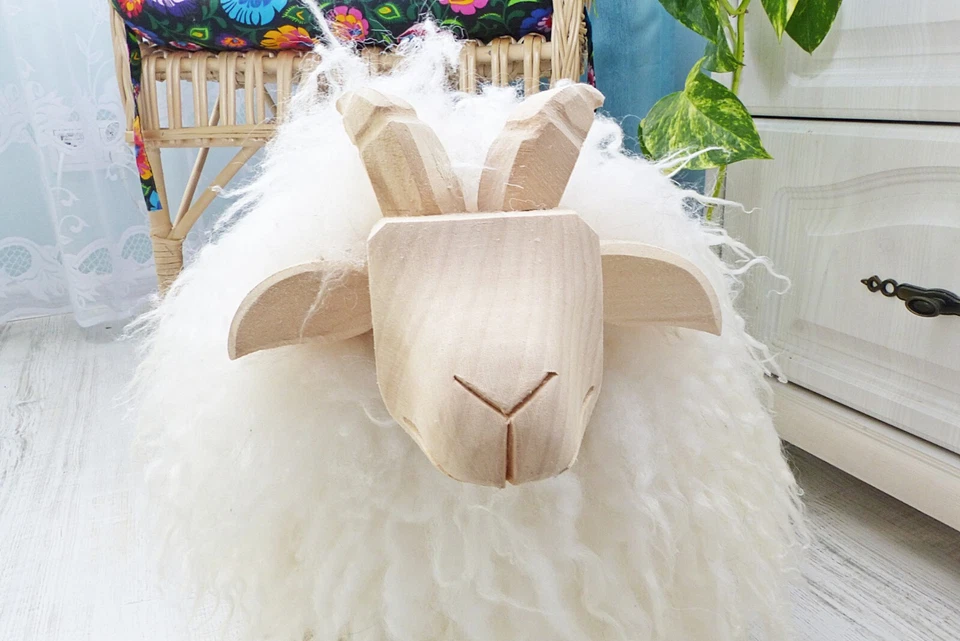 White Fur Ottoman Real Sheepskin Pouf Nursery Room Natural Sheepskin Seat Cover - Image 4 of 4