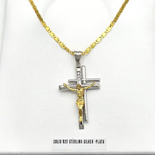 925 Solid Sterling Silver Two Tone Jesus Cross Crucifix Pendant Optional Chain 