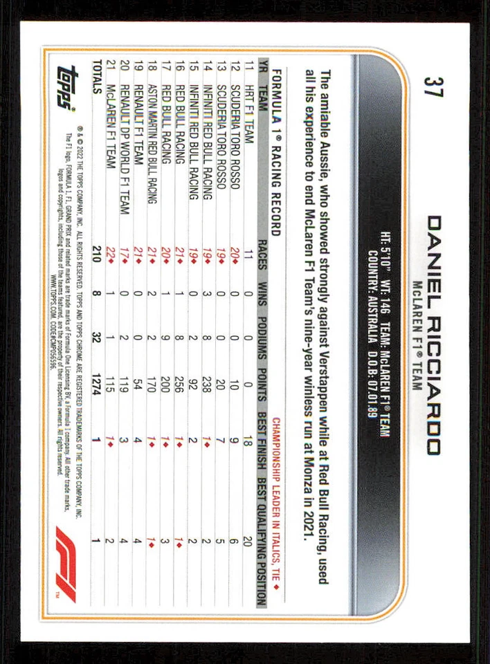 2022 Topps Chrome Formula 1 #37 Daniel Ricciardo - Image 2 of 2