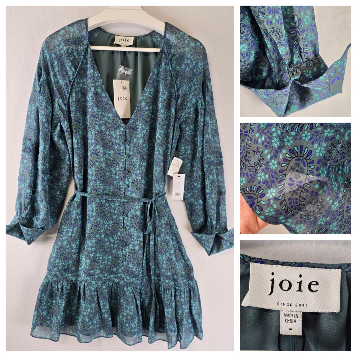 $398 Joie Bree Ruffled Mini Silk Dress 4 Blue Paisley Sheer Raglan Cuff  Sleeve | eBay