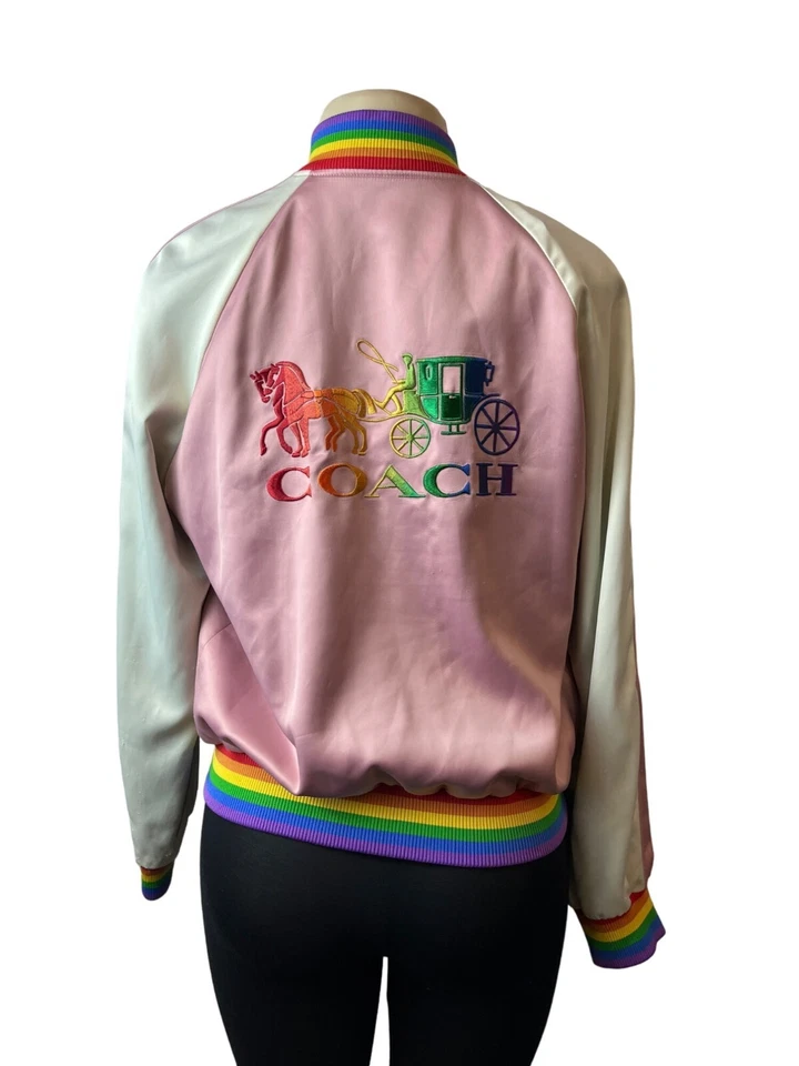 Coach Women's Pink Button Down Varsity Jacket With Rainbow Trim Sz M - Image 3 of 4