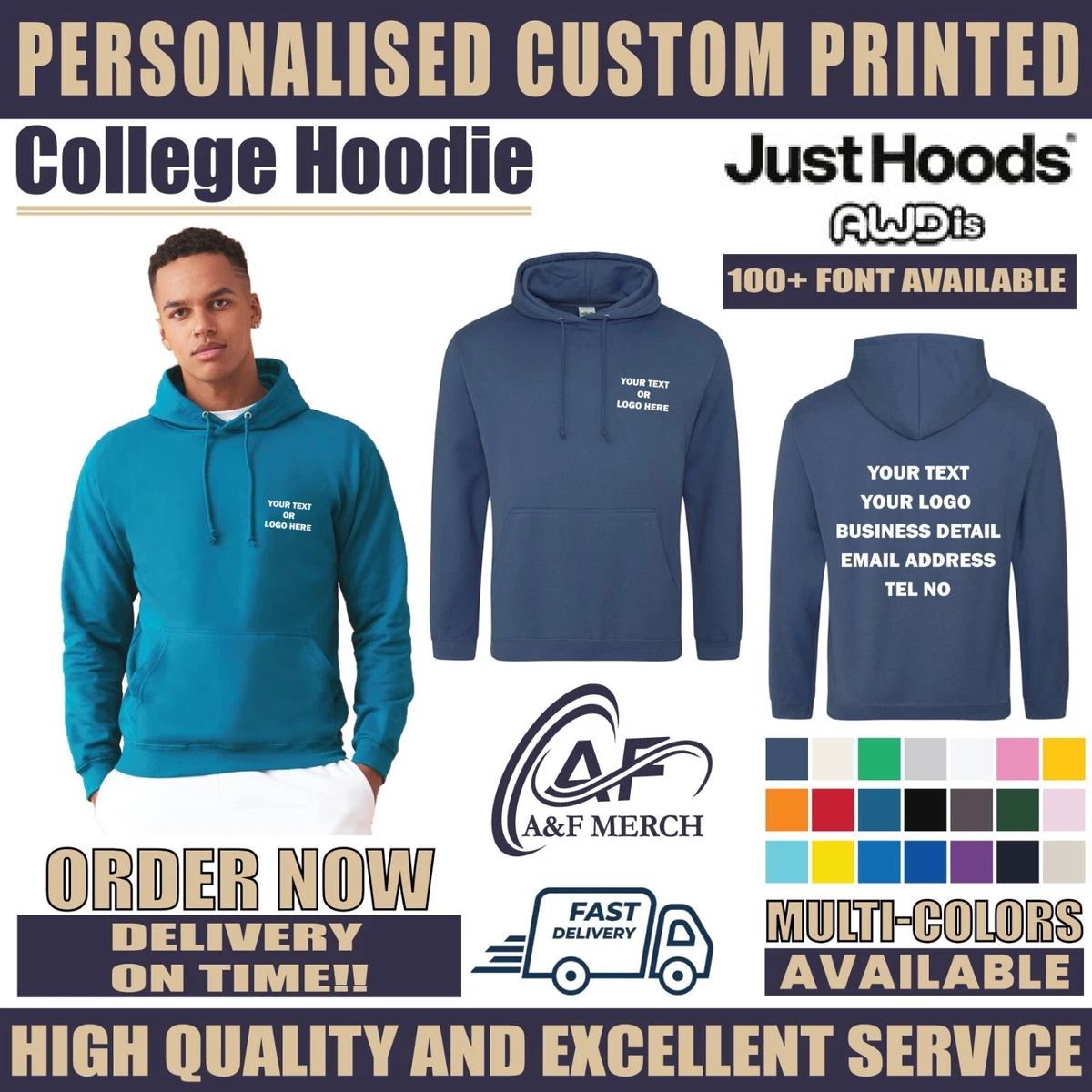 Personalised Custom Just Hoods Awdis College Hoodie Your Text Pullover Jumper