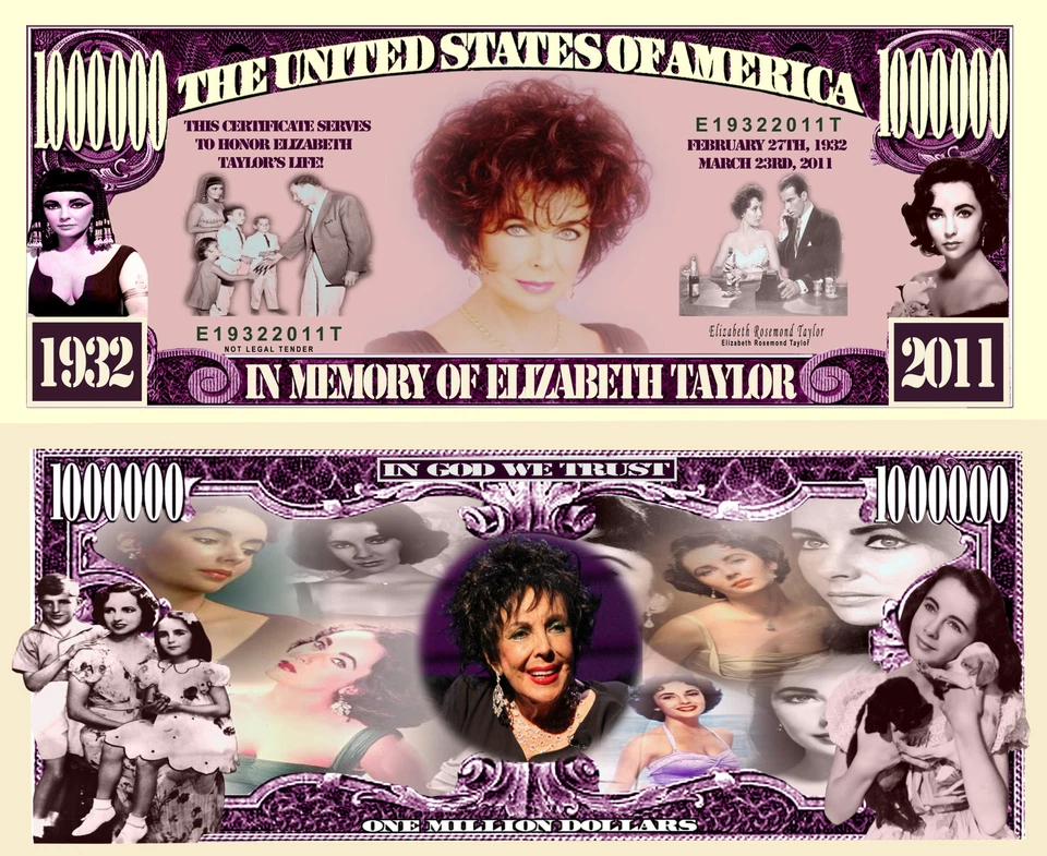 ELIZABETH TAYLOR - BILLET 1 MILLION DOLLAR US ! Collection Actrice Hollywood LIZ