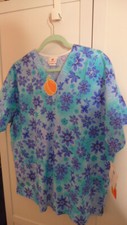 Medical Scrub Top Women Sz Lg Peaches 2 Pockets V Neck Cotton Floral Blue Purple