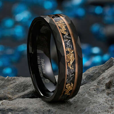 ATOP 8mm Meteorite Black Sliver Gold Tungsten Ring Line Men Wedding Band