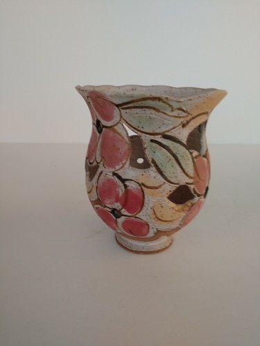 Artist Signed Art Pottery Vase With Hand Painted Cut Out Floral Design 5" X 4" - Picture 3 of 8