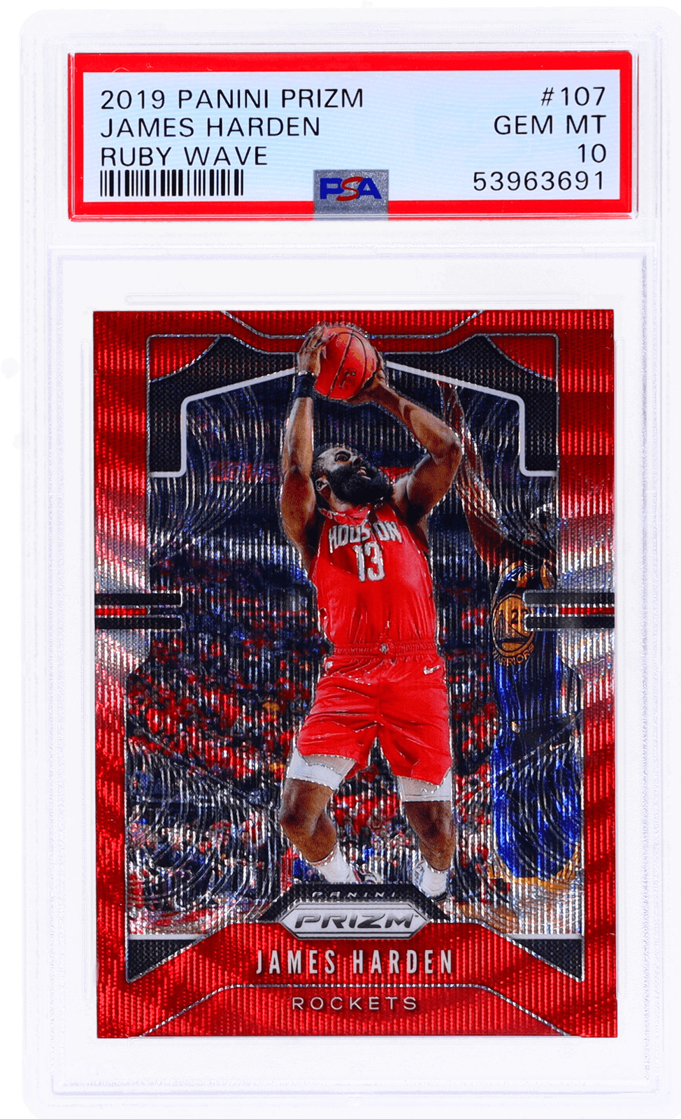 2019 Panini Prizm James Harden Ruby Wave Prizm #107 PSA 10