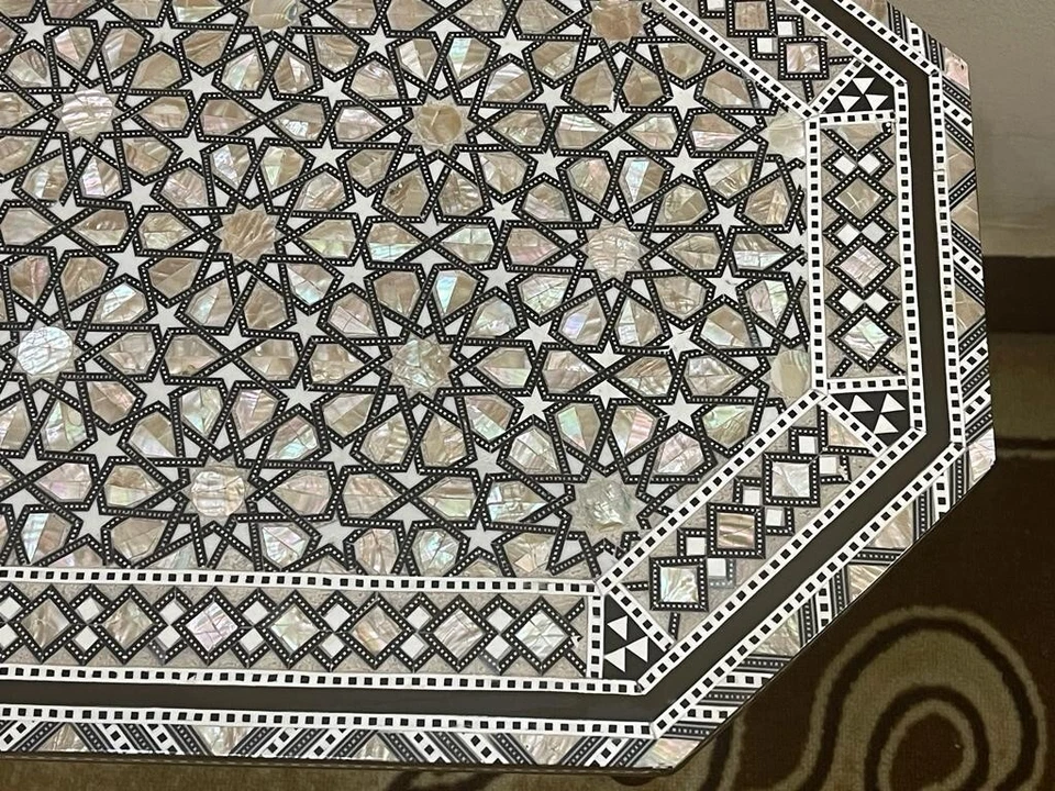 Handmade Wooden End Table Carving Wood Table Home Decor Mother of Pearl Inlay - Image 2 of 4