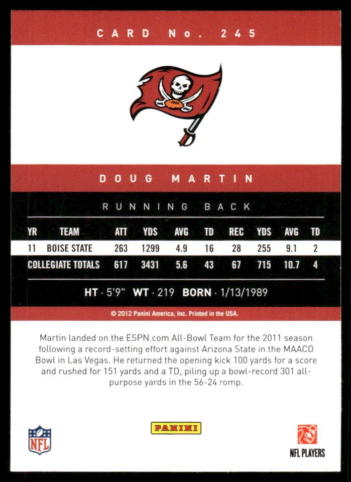2012 Panini Prestige Doug Martin 245   RC  Tampa Bay Buccaneers - Image 2 of 2