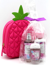 Bath  Body Works Sweet Pea Travel Size Set with Pink Pineapple Cosmetic Bag