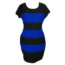 Bisou Bisou Dress Womens Sz 8 Black Blue Striped Cap Sleeve Bodycon Sheath Mini