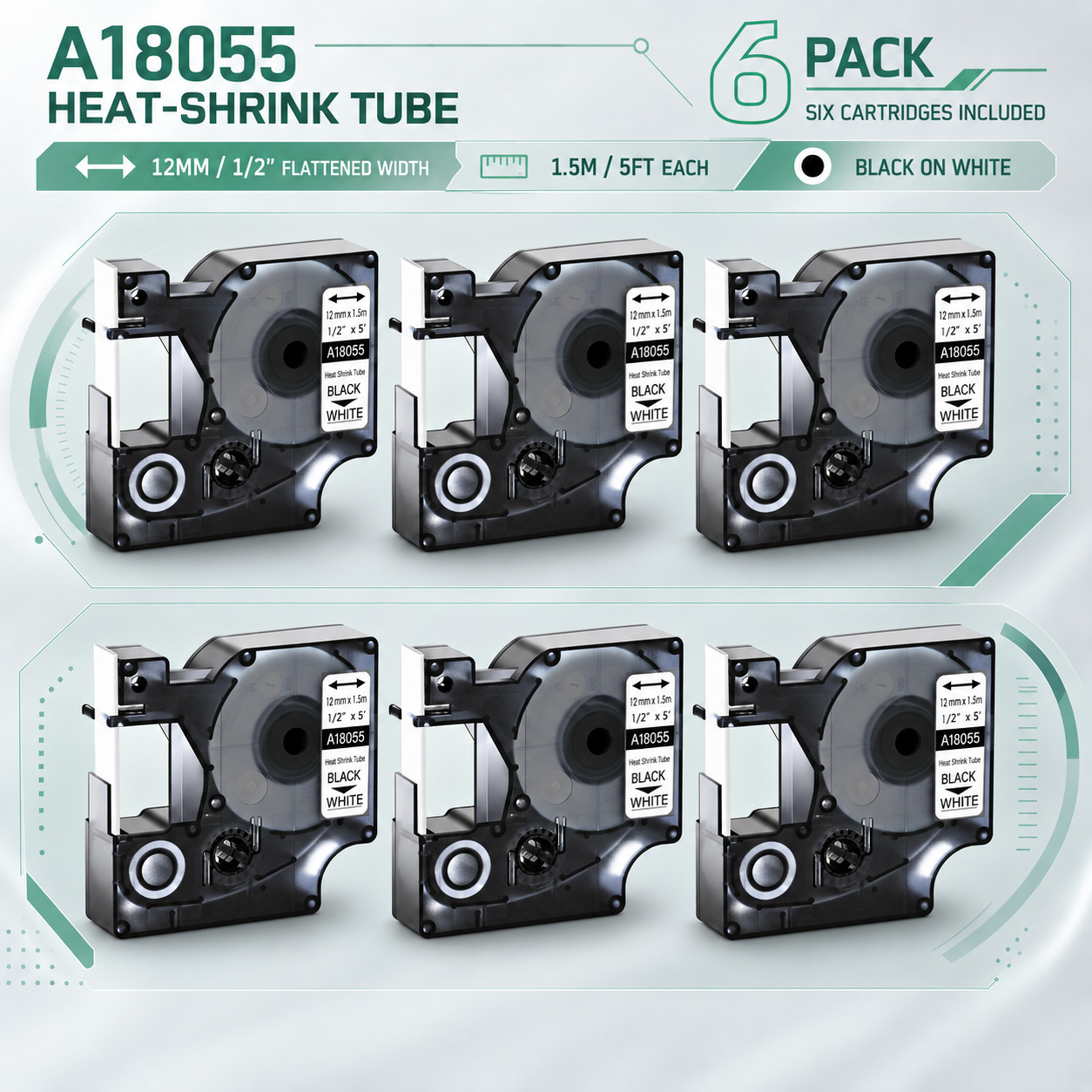 6Pack A18055 Black Print on White Shrink Tape 12mm x 1.5m for Rhino 5000 5200