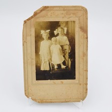 Antique Cabinet Card Photo 1880s Victorian Girls 3 Sisters Large Hair Bows Child