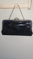 Vintage 50s Black Patent Leather Clutch Gold Chain Strap