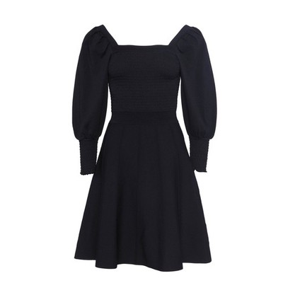 Sandro Kleid ORNELA schwarz Strick Langarm gesmokt eckiger Ausschnitt UK 8 EU 36