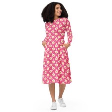 Women's Exclusive Long Sleeve Midi Dress - Sunflowers & Dots on Pink