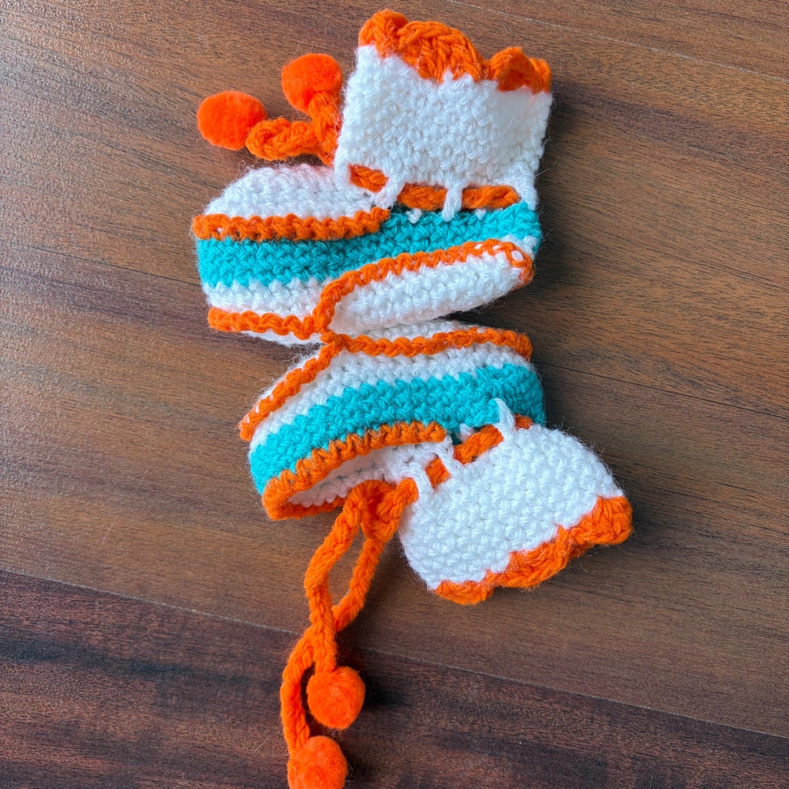 1998 Hand Crocheted Baby Booties White Orange Teal Miami Dolphins NFL image 2