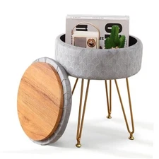  Modern Velvet Foot Rest Stool Upholstered Round Storage Ottomans Light Grey
