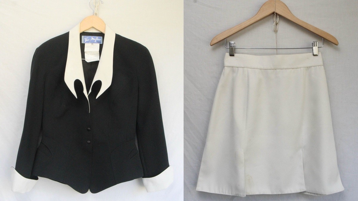 1992 Thierry Mugler Black Runway Jacket Dramatic White Collar
