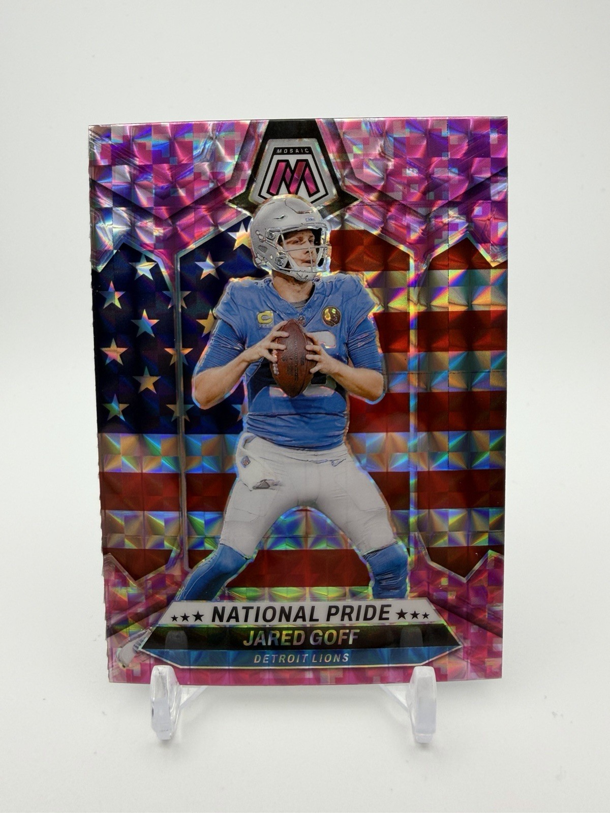 Jared Goff Pink Camo Prizm National Pride 2024 Panini Mosaic #252 Detroit Lions