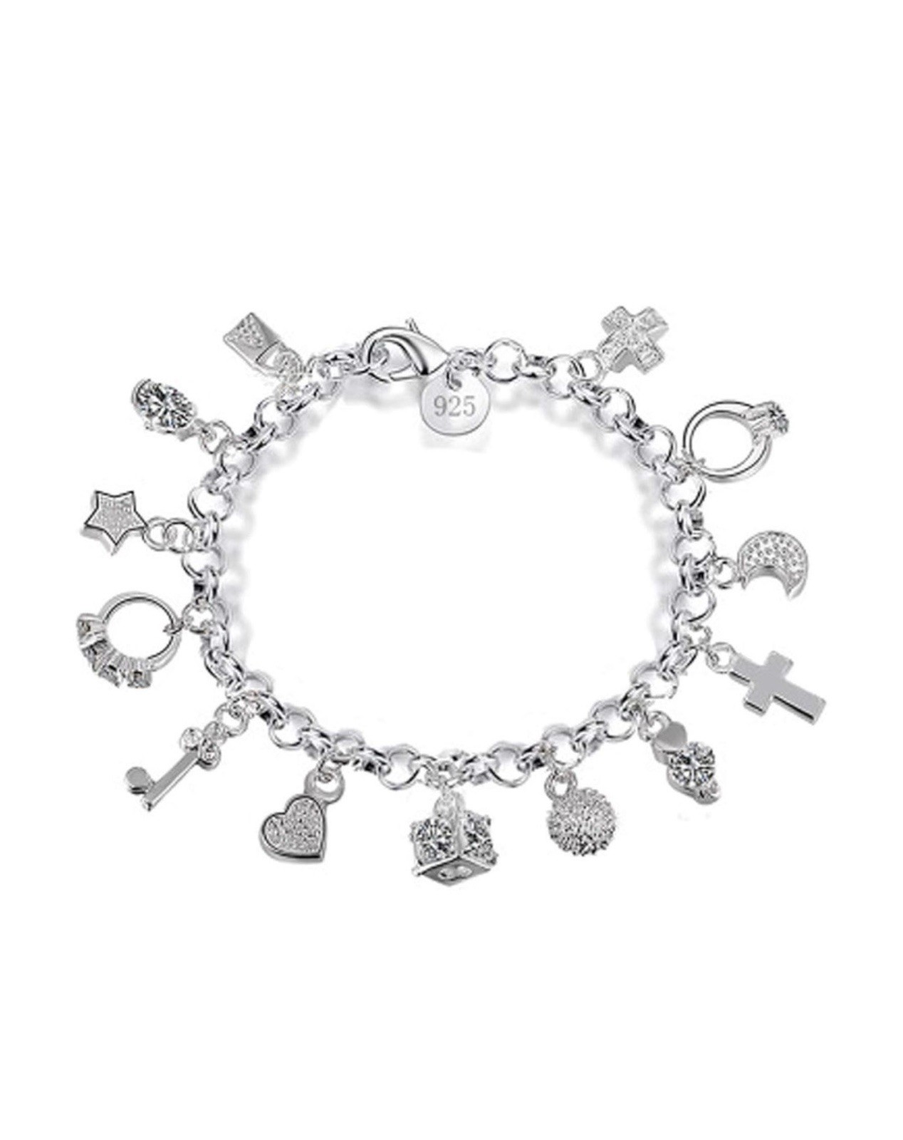 Pulsera Plateada Con Sello  925 con Trece Adornos Colgantes para Mujer