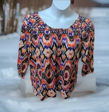 Chico's 3/XL Multicolor Stylish Hip Blouse Tunic 3/4 Slv Knit Scoop Button Neck