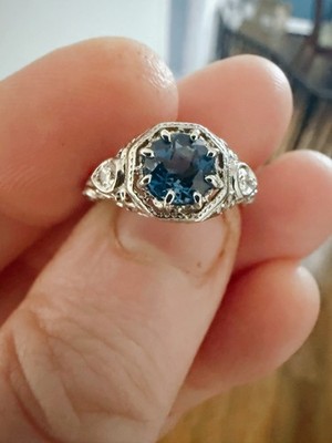 Beautiful Antique Deco London Blue Topaz Diamond Filigree Ring 18k Sz 6.75 3.4g 