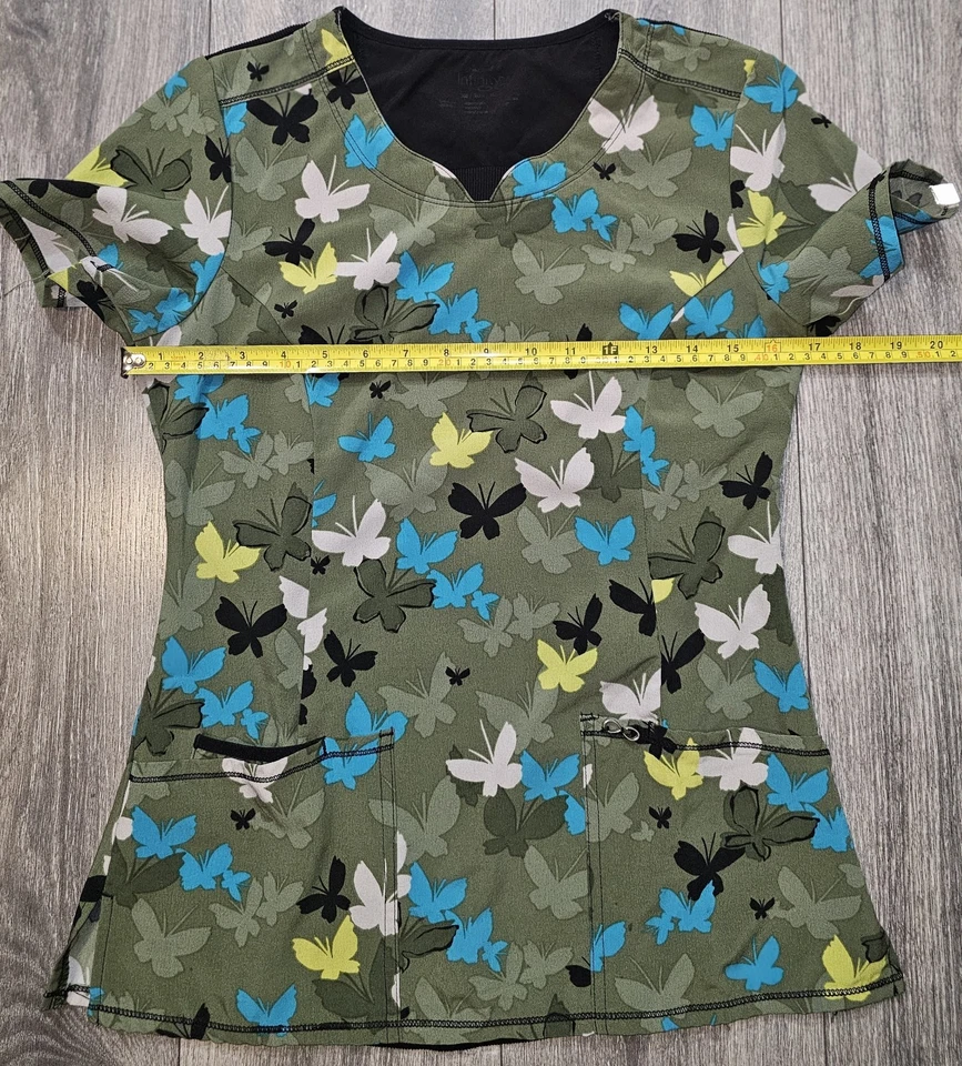 Cherokee Infinity Butterflies Patterned Scrub Top Multicolor Stretch Women’s XS - Image 4 of 4