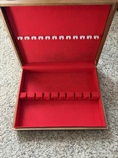 Wood Flatware Storage Chest Box Red Felt Lining Utensil Holders 14.5x11x3”