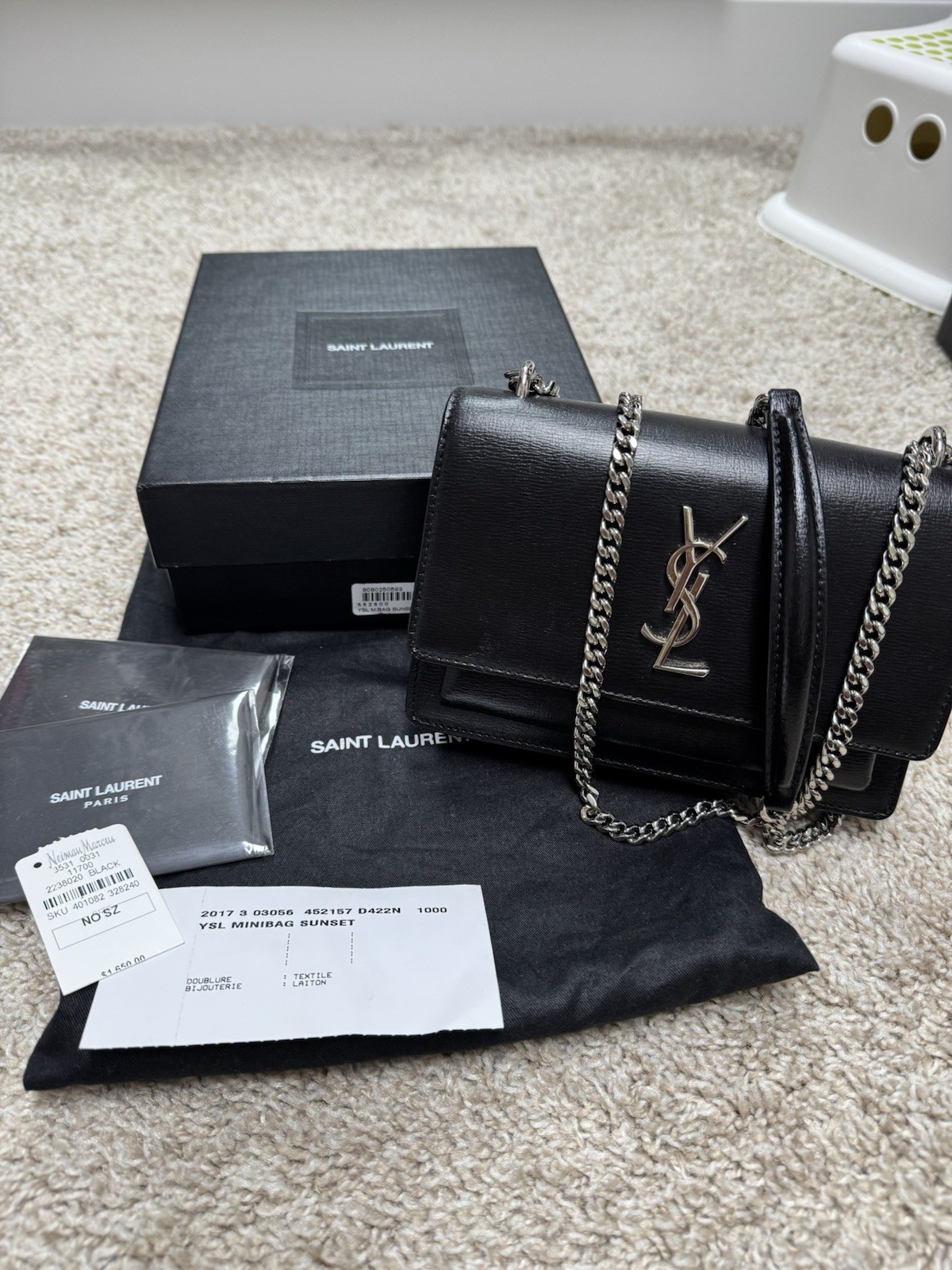 Autentico portafoglio SAINT LAURENT in pelle di vitello monogramma tramonto mini catena