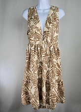 House Of Harlow 1960 Dress Womens Medium Brown Leaf Print Linen Blend Open Back