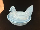 NICE VINTAGE BLUE MILK GLASS HEN ON NEST LIDDED CANDY DISH Ex Museum Collection