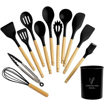 Vintalina Silicone & Wood Kitchen Utensil Set with Holder Standard, Black