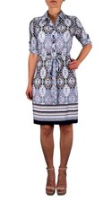 Womens V Neck Shift ¾ Sleeve Waist Tie Shift Dress Blue Kaleidoscope Small