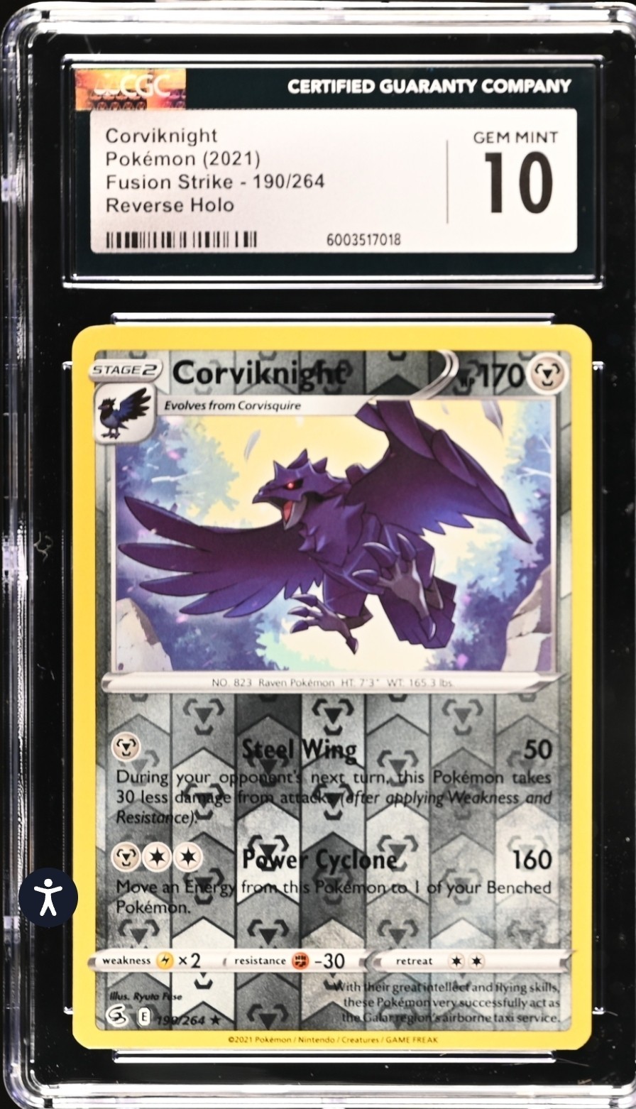 ✨Corviknight 190/264 Fusion Strike Reverse Holo Pokemon CGC 10 GEM MINT💎POP 2📈