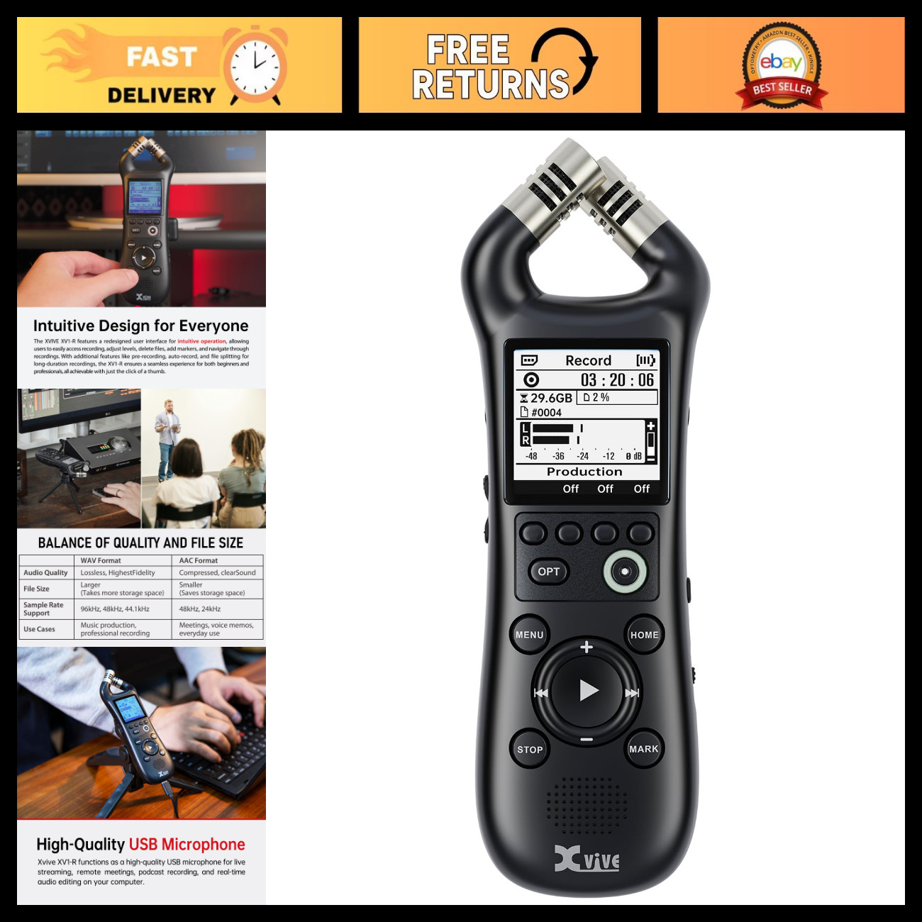 Portable Stereo Audio Recorder, 32-Bit Float, X/Y Mics, WAV/AAC, USB, Auto Recor