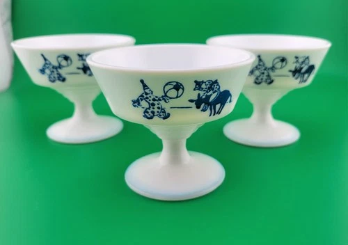 Vintage Milk Glass Hazel Atlas Clowns Donkey Blue Sherbet Cups Glass 3 Vintage
