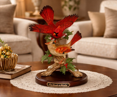Birds of a Father  “Winter Holiday” HOMCO Classic Porcelain Cardinals in Winter Bird Figurine Holly