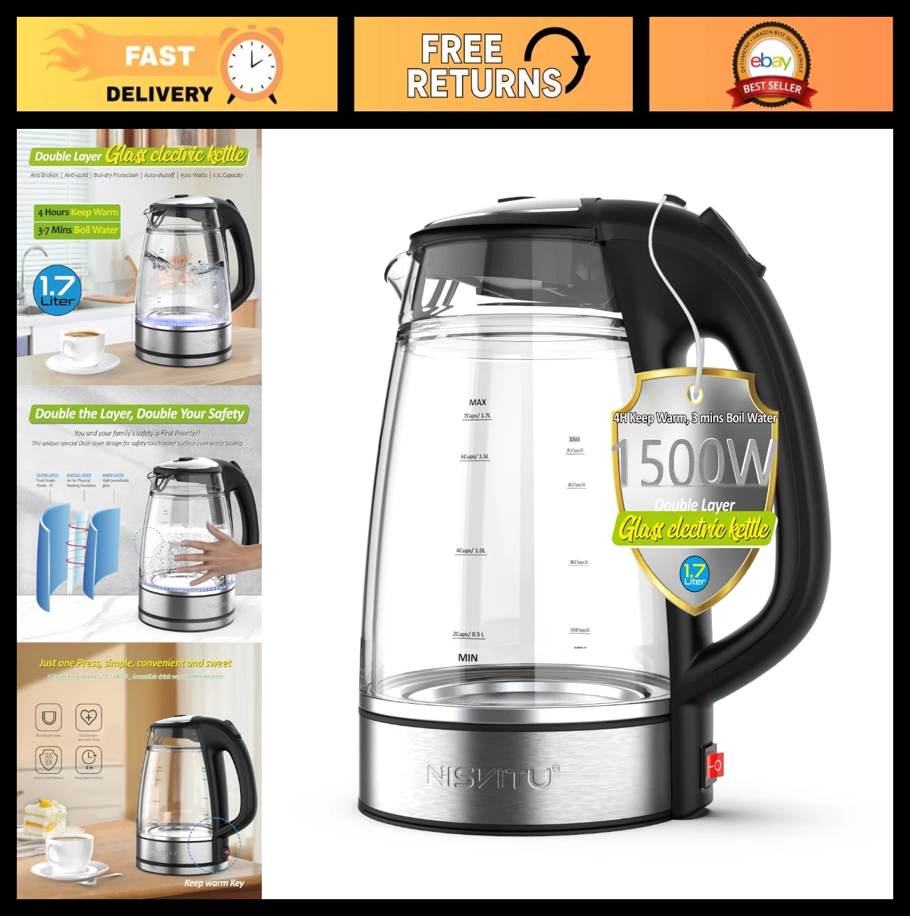 Cordless Electric Kettle 1.7L - Glass & Stainless Steel, 1500W, Auto Shut Off, B