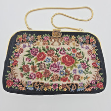Vtg. Black Floral Petit-Point Tapestry Purse Hand Stitched 8.5" x 5.5" Handmade