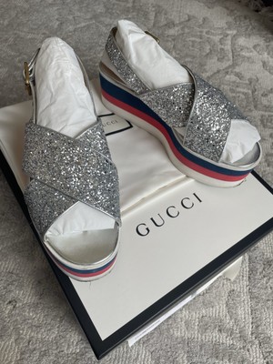 GUCCI Silver Glitter Flatform Platform Sandals Crossover Festival