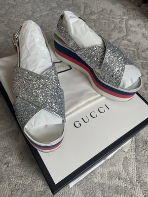 GUCCI Silver Glitter Flatform Platform Sandals Crossover Festival Sz 39 Uk 9 - Image 1 of 4