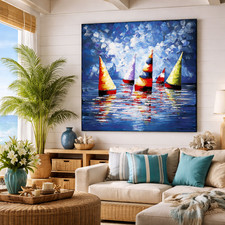Quadro Vele Colorate su Mare – Dipinto a Mano in Acrilico, Arte Indonesiana per 