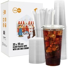 25 Sets 32 OZ Clear Plastic Cups with Lids and Straws, Disposable to Go Iced Cof