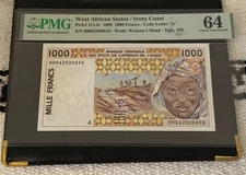 1999 - 1000 FRANCS - WEST AFRICAN STATES - 64 CHOICE UNCIRCULATED PMG