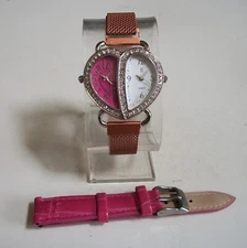 Women Stone Heart Shape 2 Time Zone Dual Time Rose Gold Magnetic Mesh Band Watch