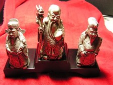 Chinese Pewter Figurines, three, on stand, bold and concise craftsmanship