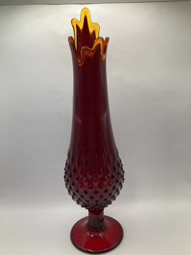 Vintage Fenton Amberina Cadmium Glass Swung Vase Hobnail 13.5" Red GLOWS Orange